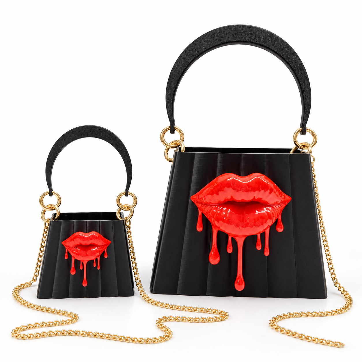 Black Temptation handbags with red accents in two sizes